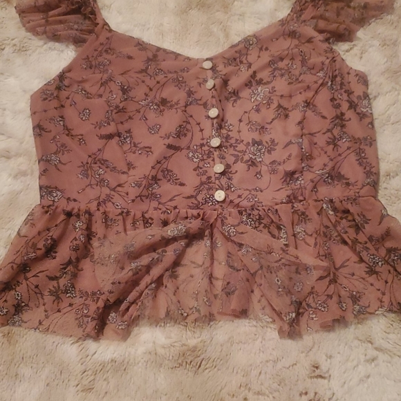 American rag ruffle sleeve buttons mauve floral - Picture 3 of 4